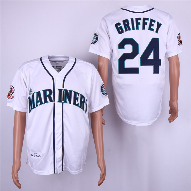 Men Seattle Mariners #24 Griffey White Throwback 1995 MLB Jerseys